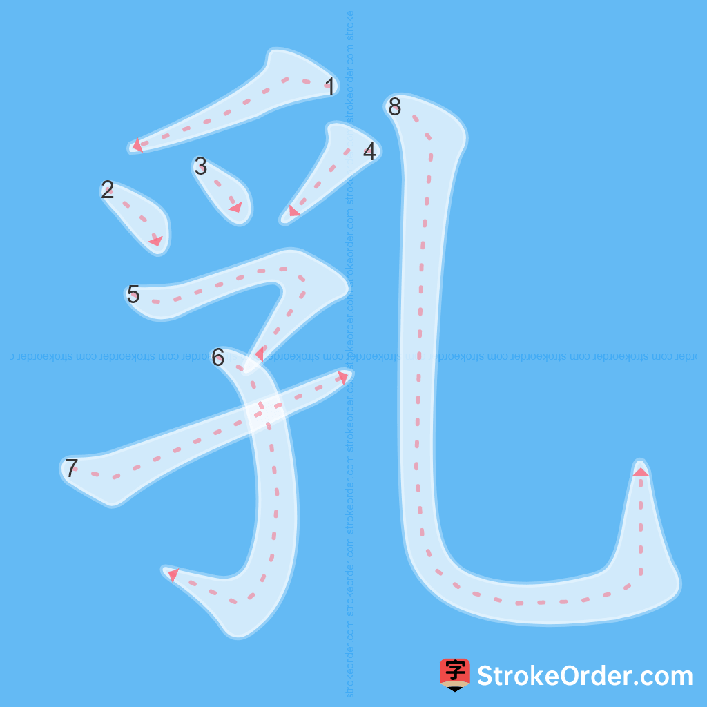 Standard stroke order for the Chinese character 乳