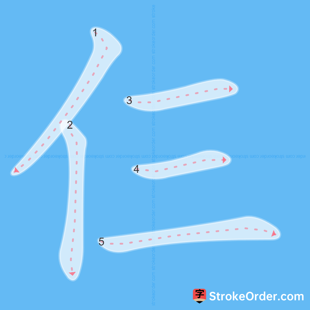 Standard stroke order for the Chinese character 仨