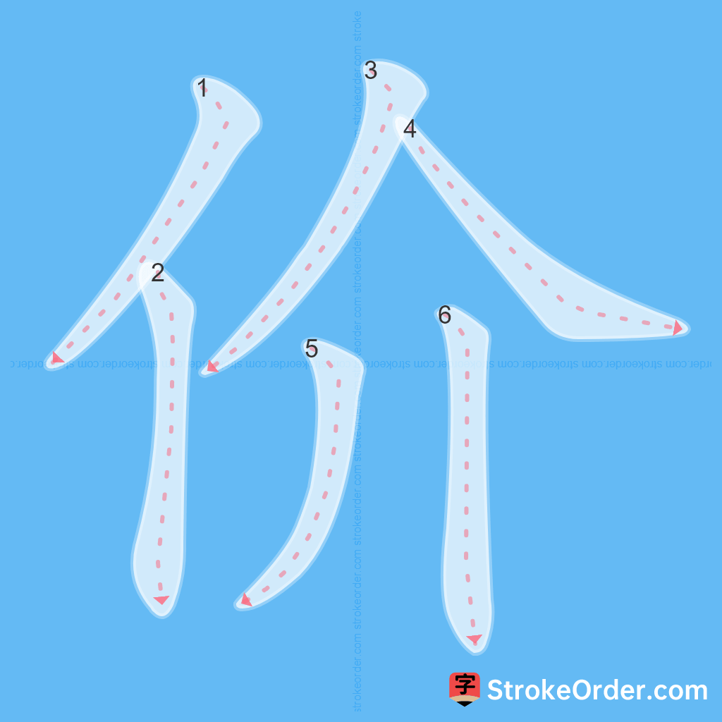 Standard stroke order for the Chinese character 价