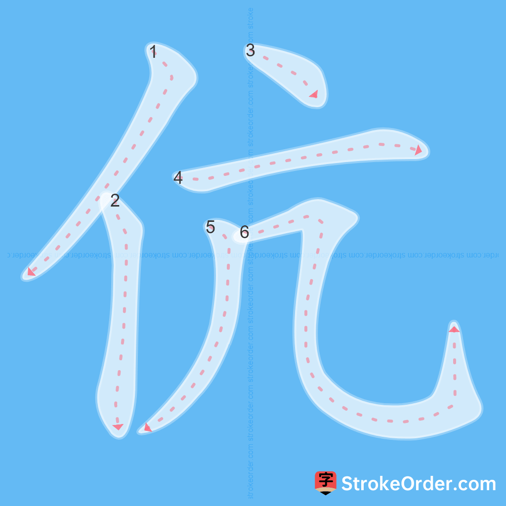 Standard stroke order for the Chinese character 伉