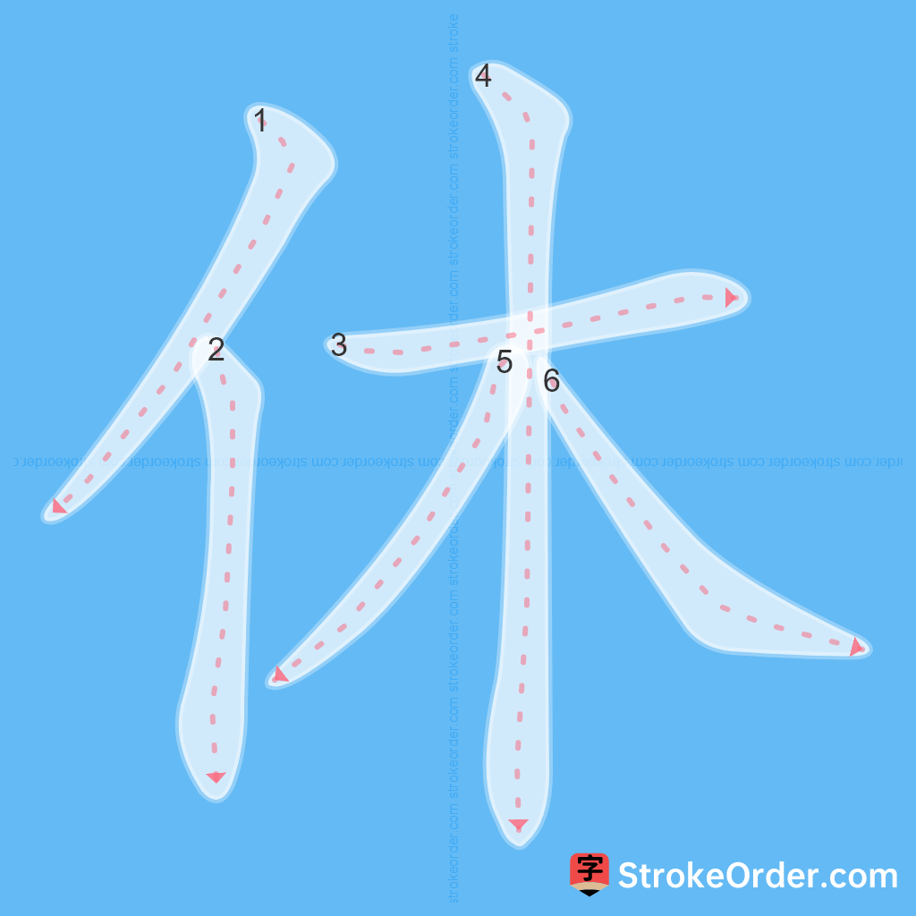 Standard stroke order for the Chinese character 休