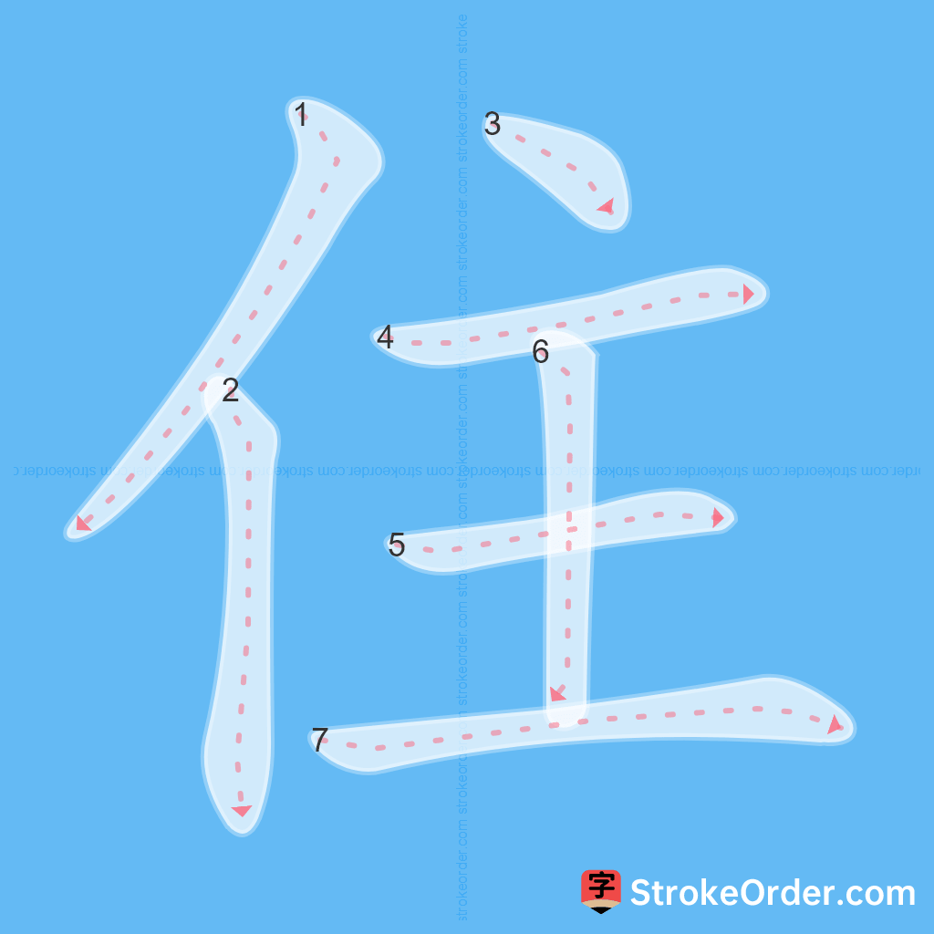 Standard stroke order for the Chinese character 住