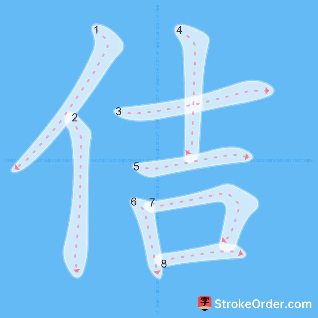 Standard stroke order for the Chinese character 佶