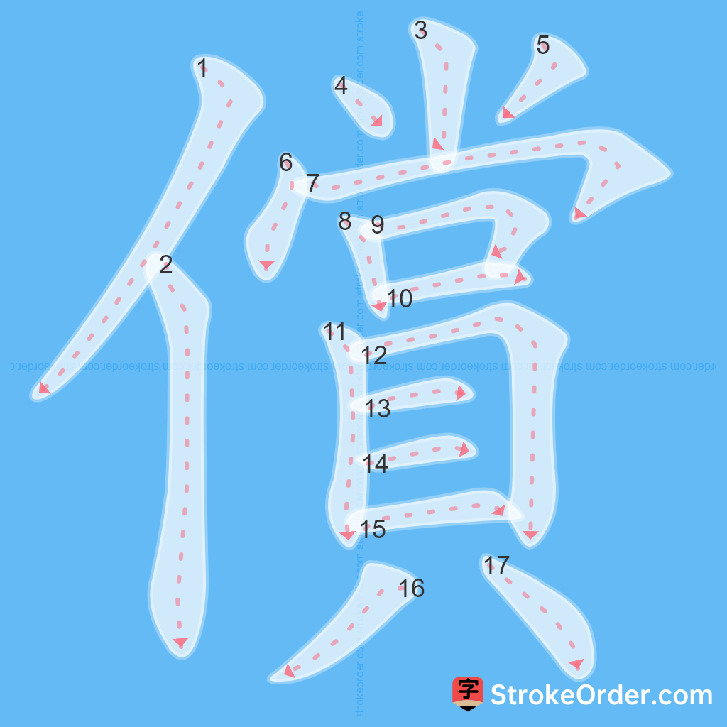 Standard stroke order for the Chinese character 償