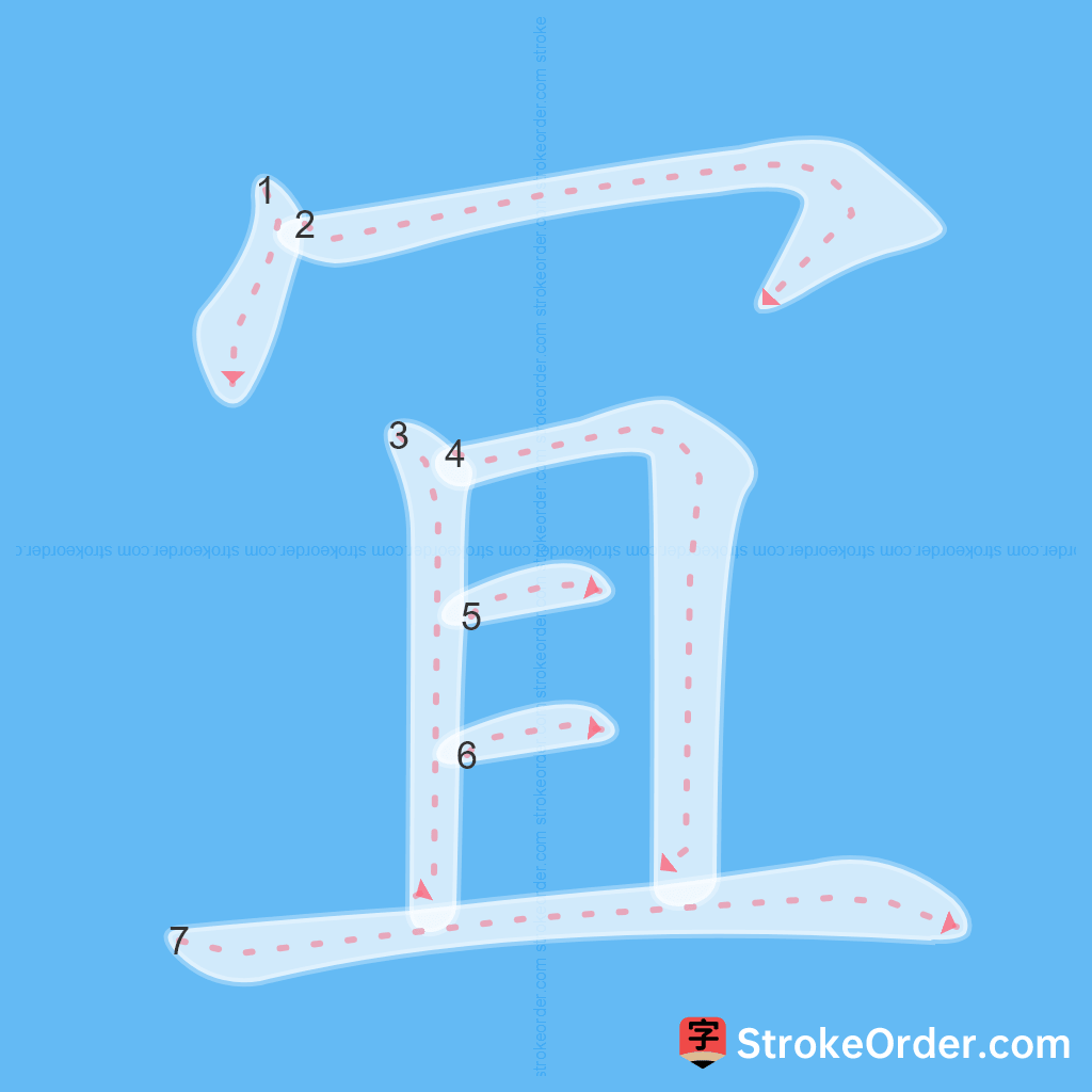 Standard stroke order for the Chinese character 冝