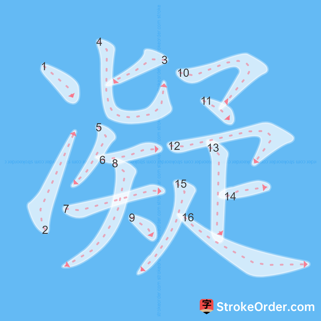 Standard stroke order for the Chinese character 凝