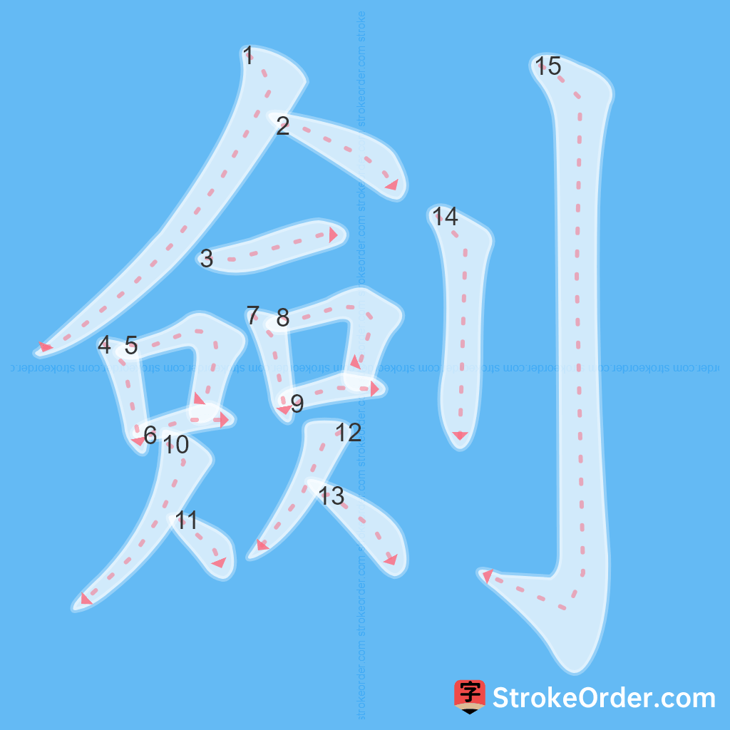 Standard stroke order for the Chinese character 劍