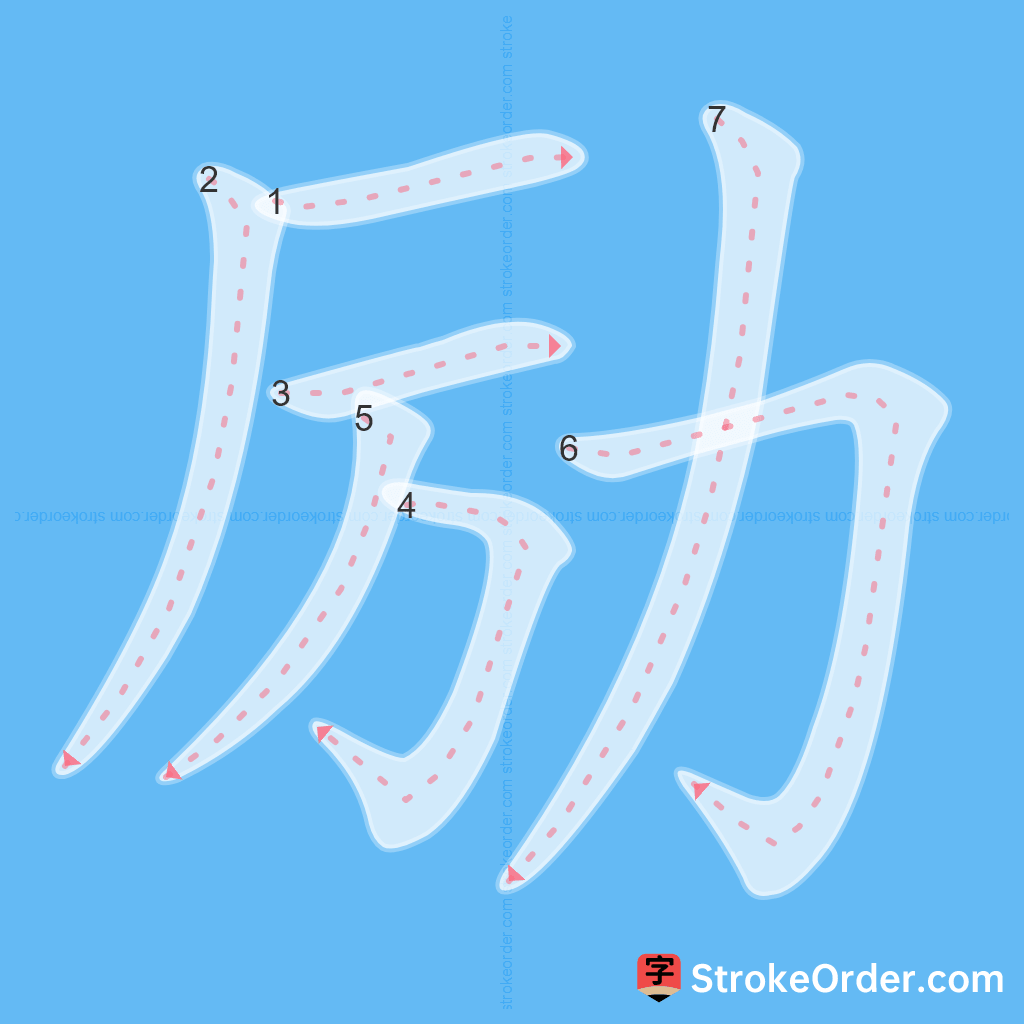 Standard stroke order for the Chinese character 励