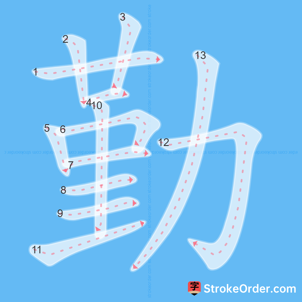 Standard stroke order for the Chinese character 勤