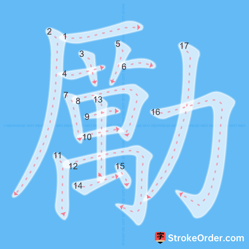 Standard stroke order for the Chinese character 勵