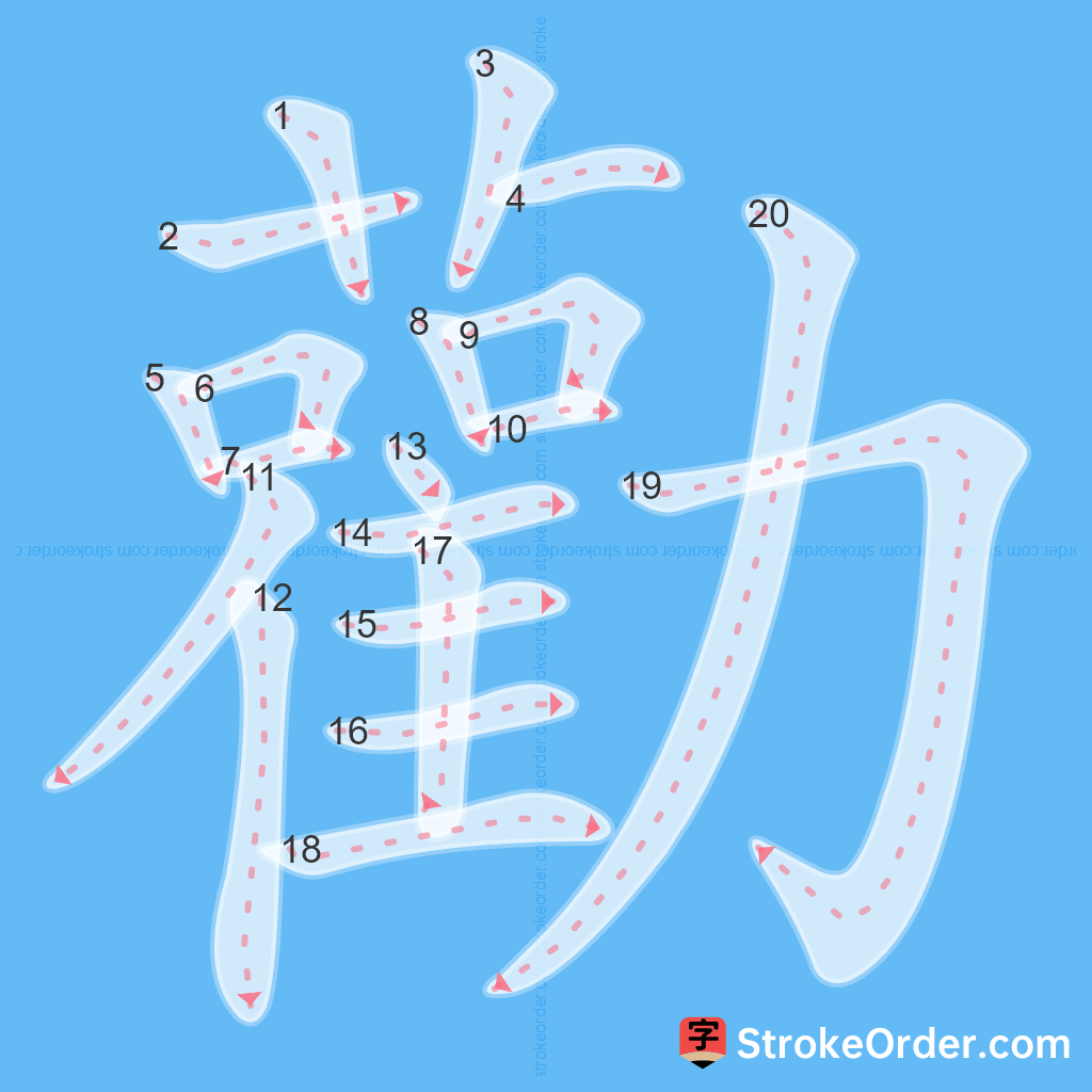 Standard stroke order for the Chinese character 勸