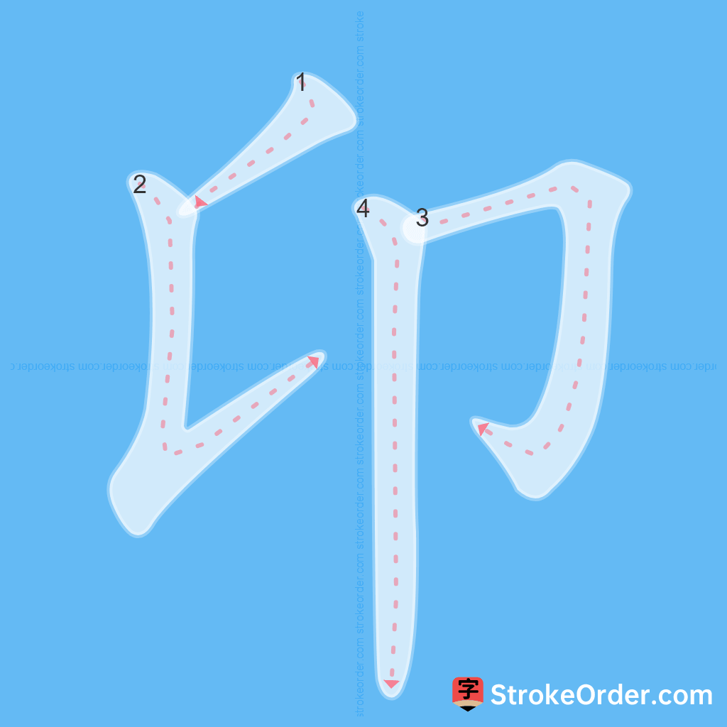 Standard stroke order for the Chinese character 卬