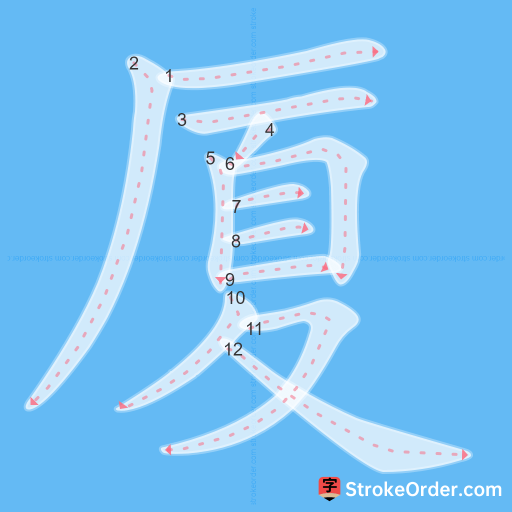 Standard stroke order for the Chinese character 厦
