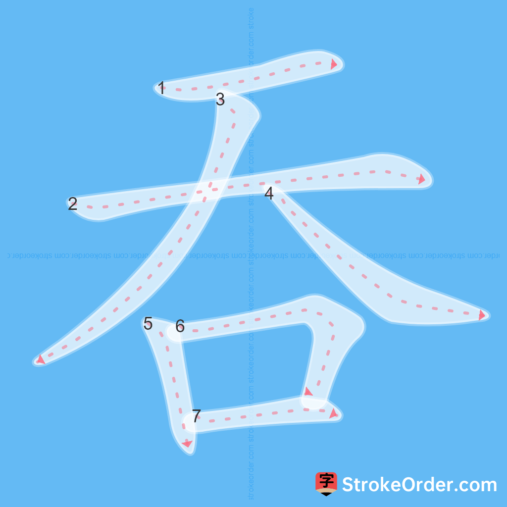 Standard stroke order for the Chinese character 吞