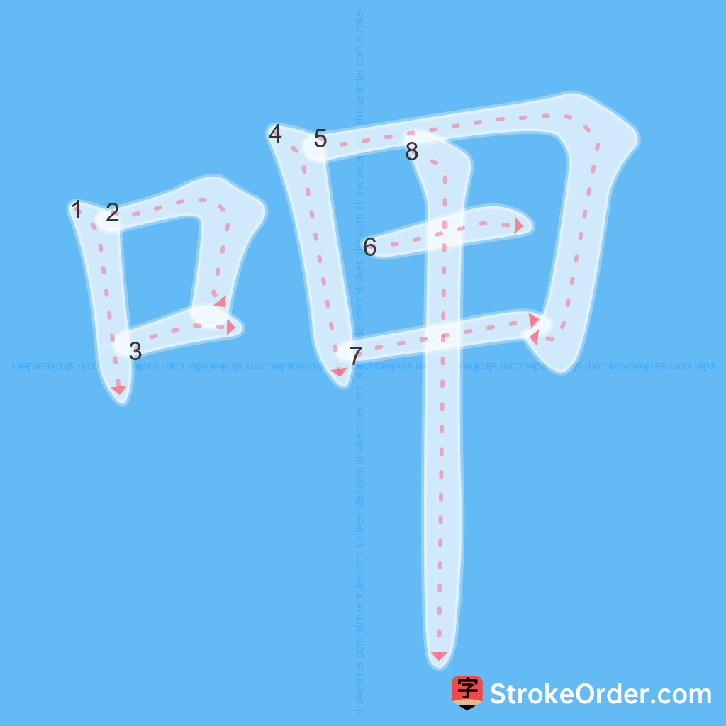 Standard stroke order for the Chinese character 呷