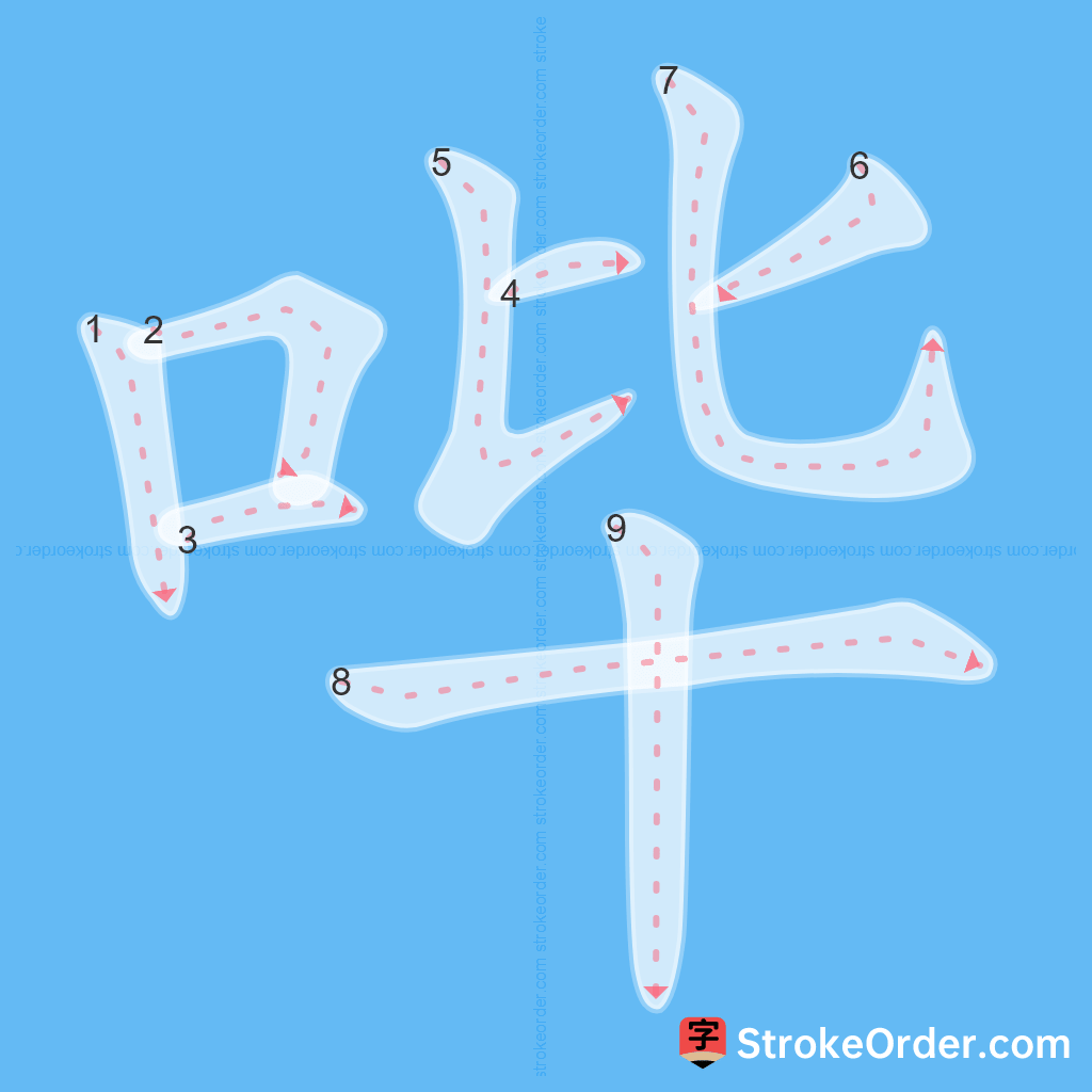 Standard stroke order for the Chinese character 哔