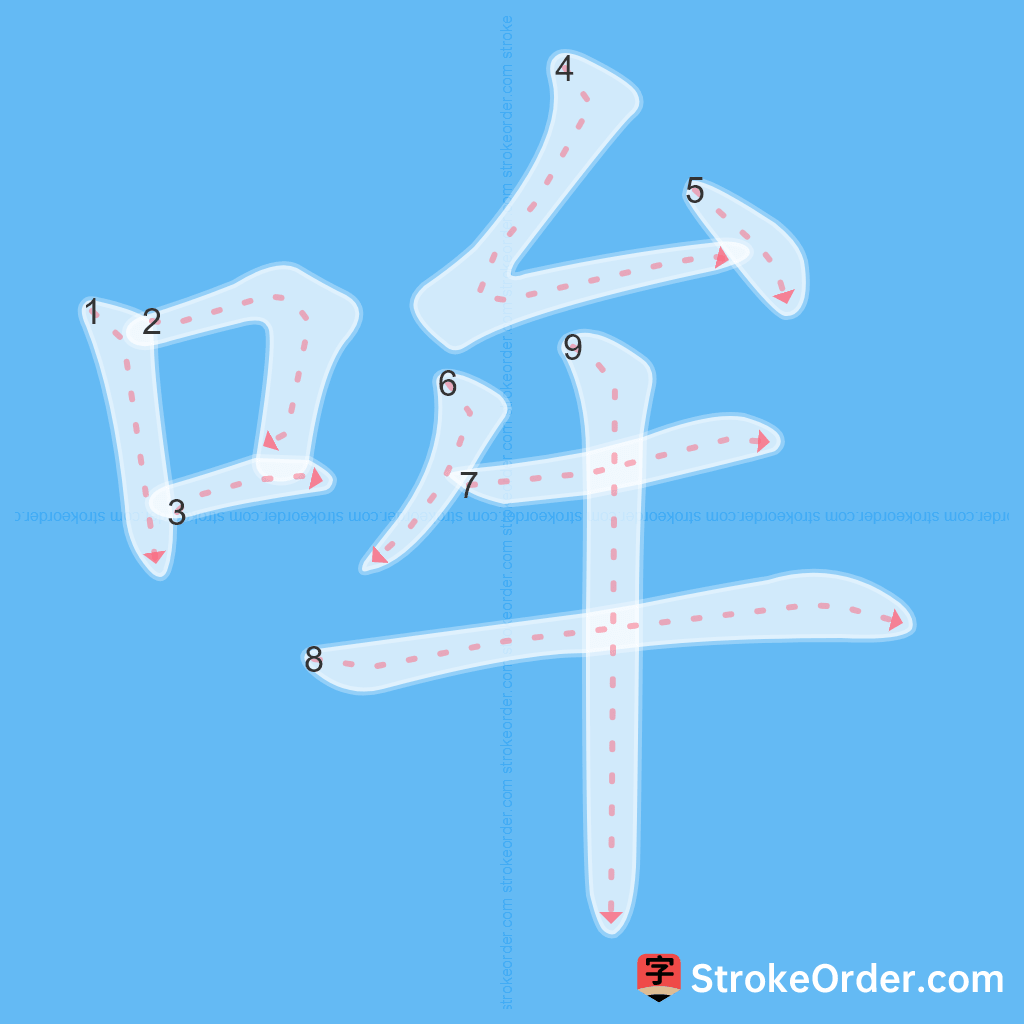 Standard stroke order for the Chinese character 哞