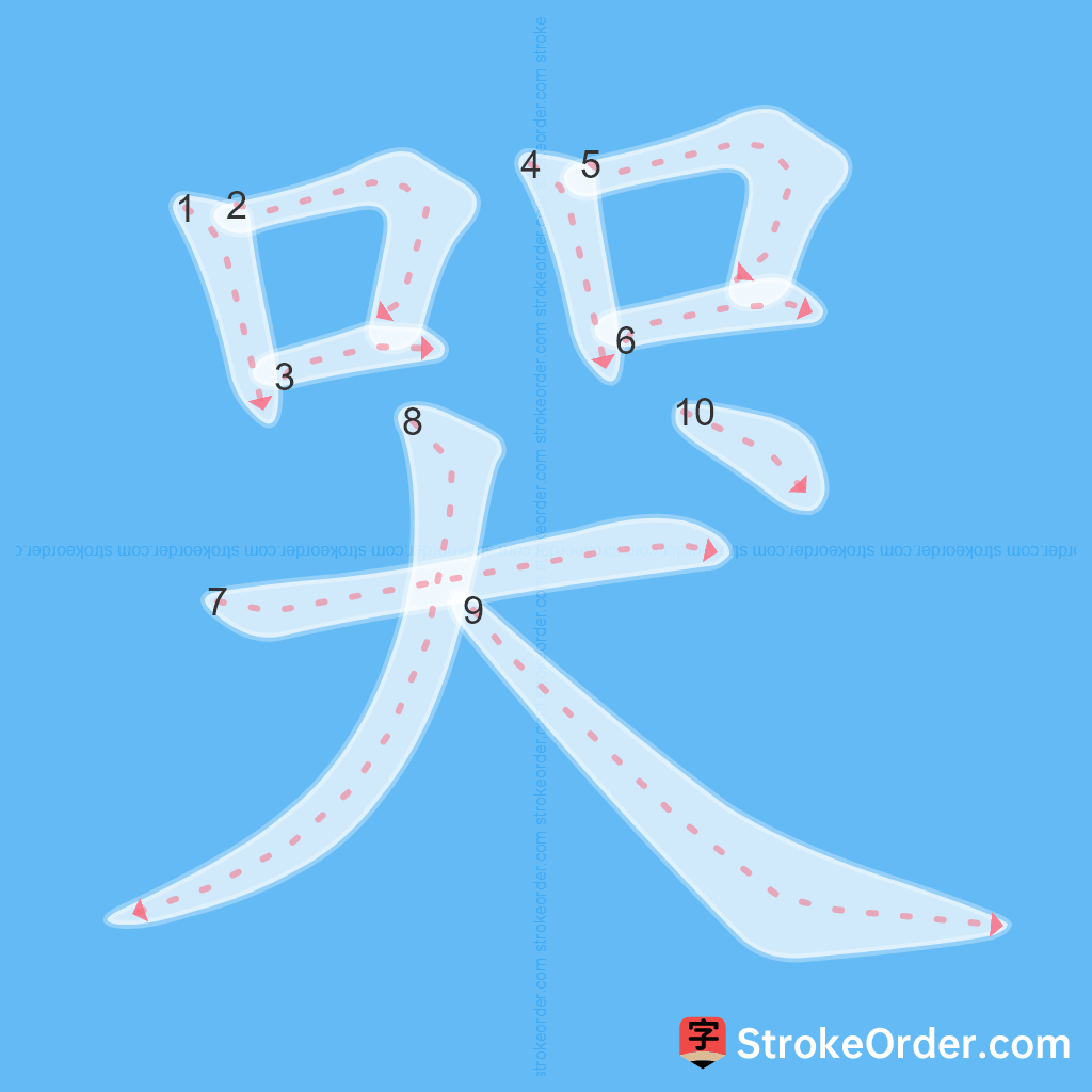 Standard stroke order for the Chinese character 哭
