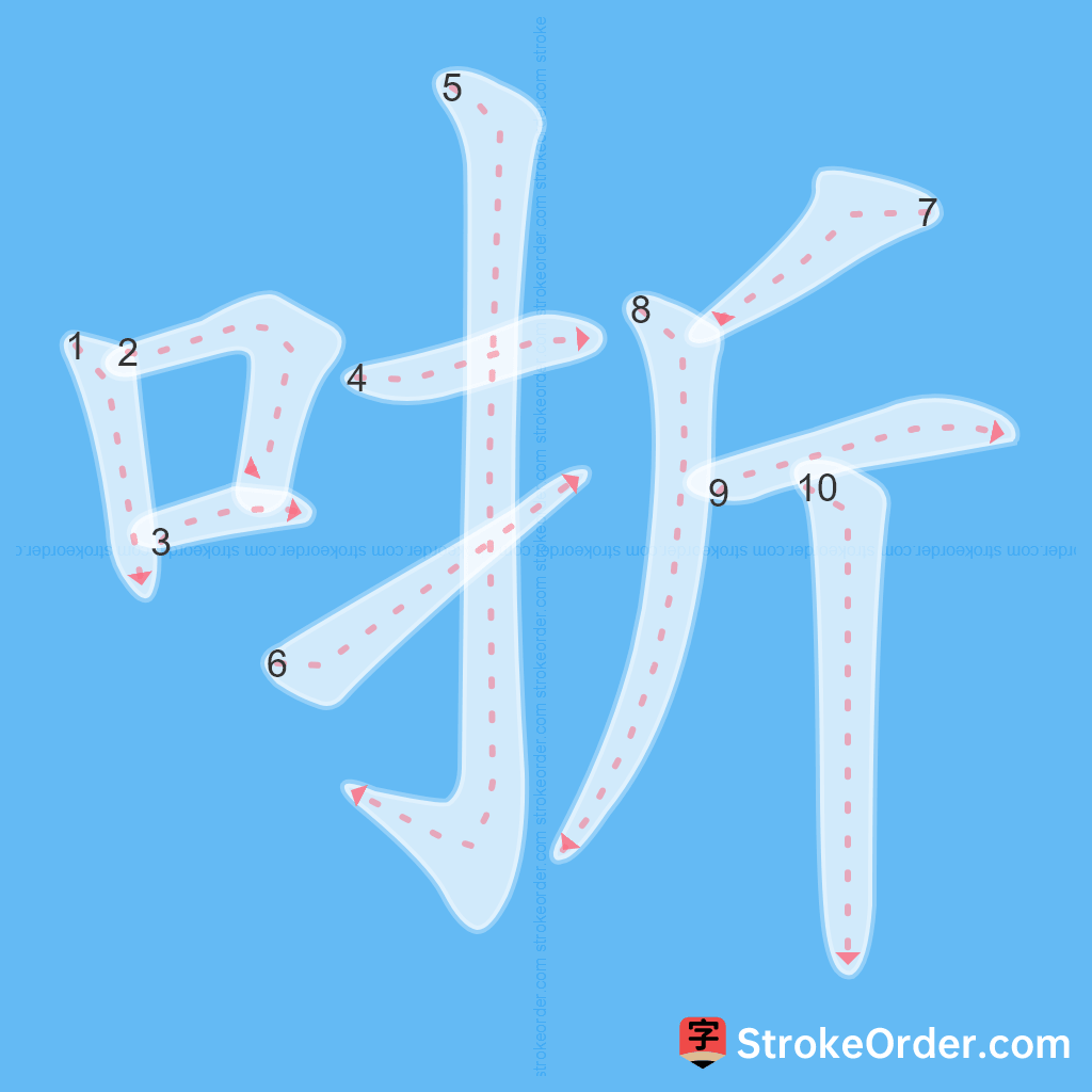 Standard stroke order for the Chinese character 哳