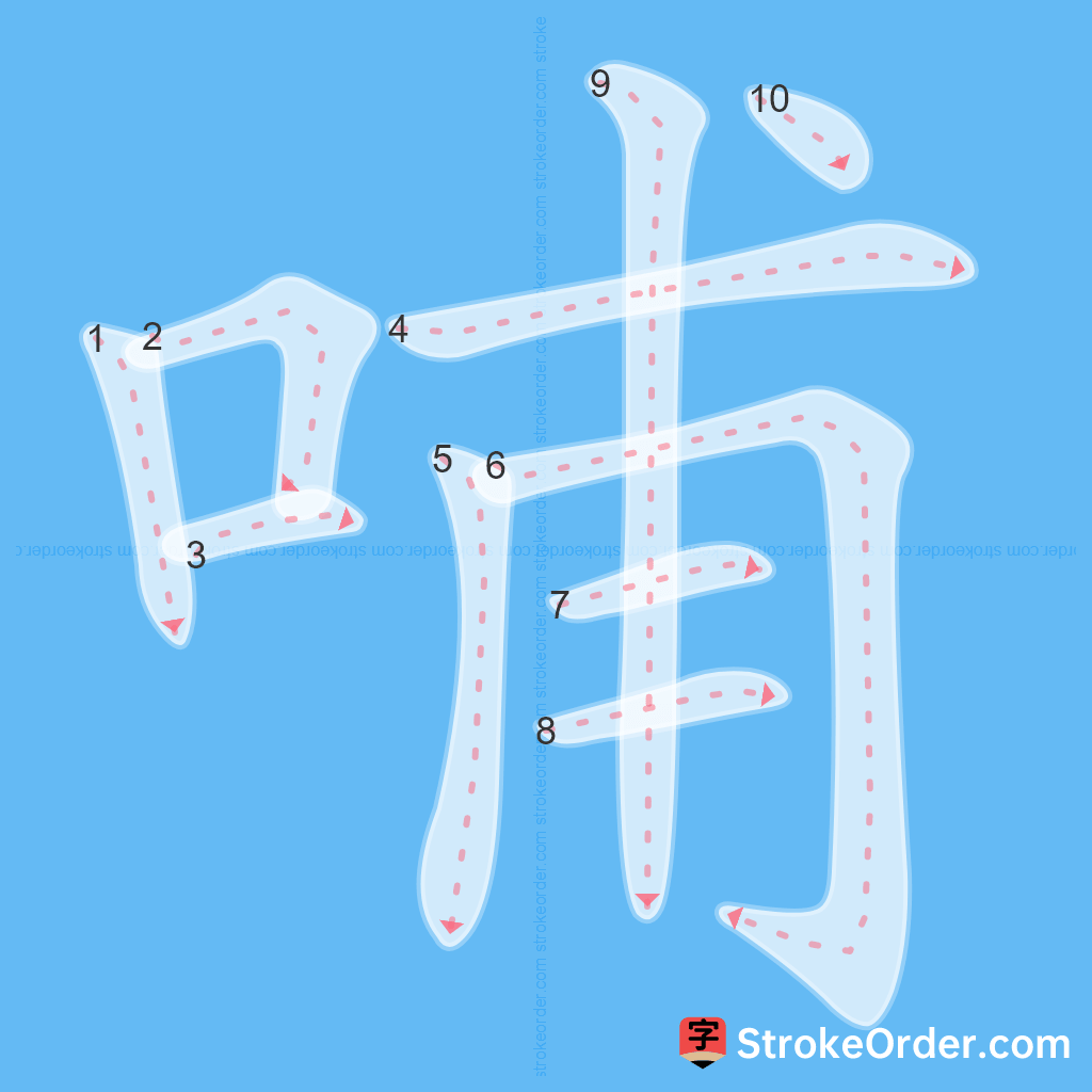 Standard stroke order for the Chinese character 哺