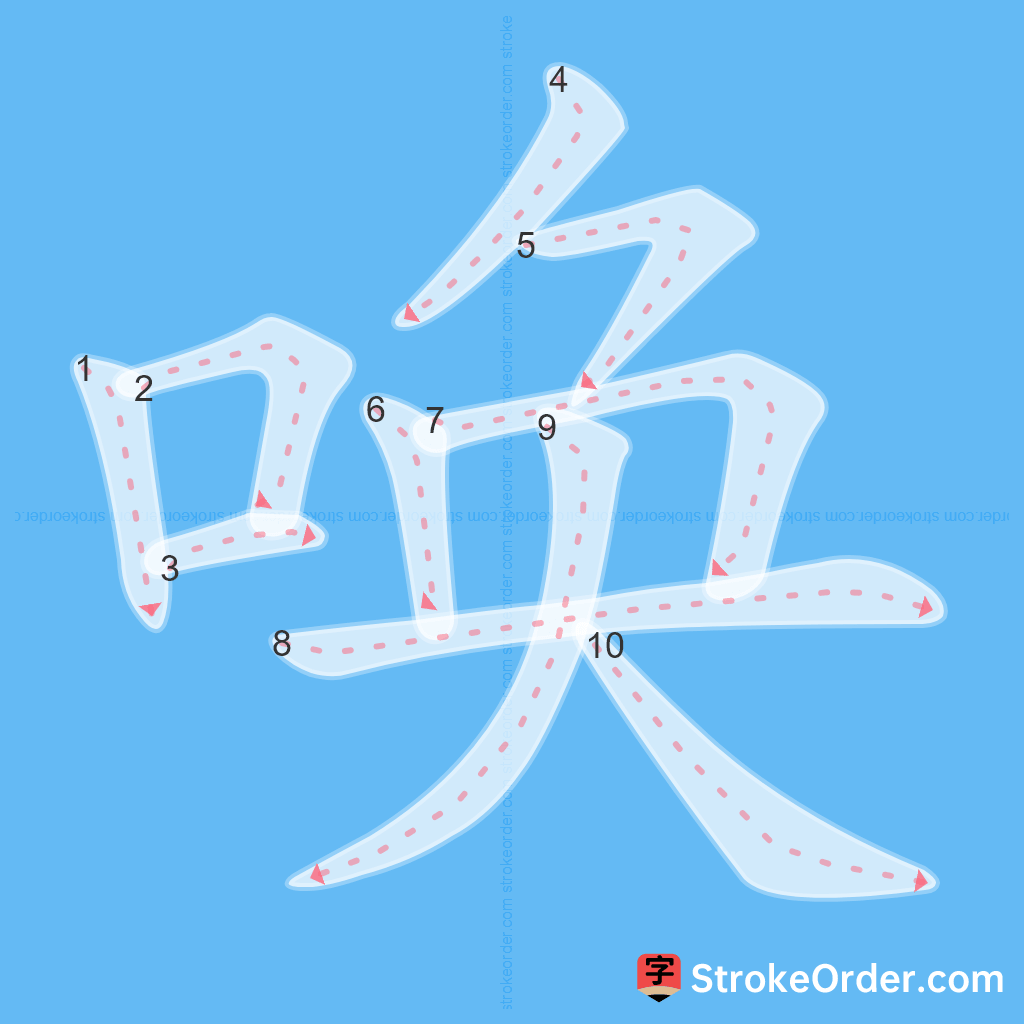 Standard stroke order for the Chinese character 唤