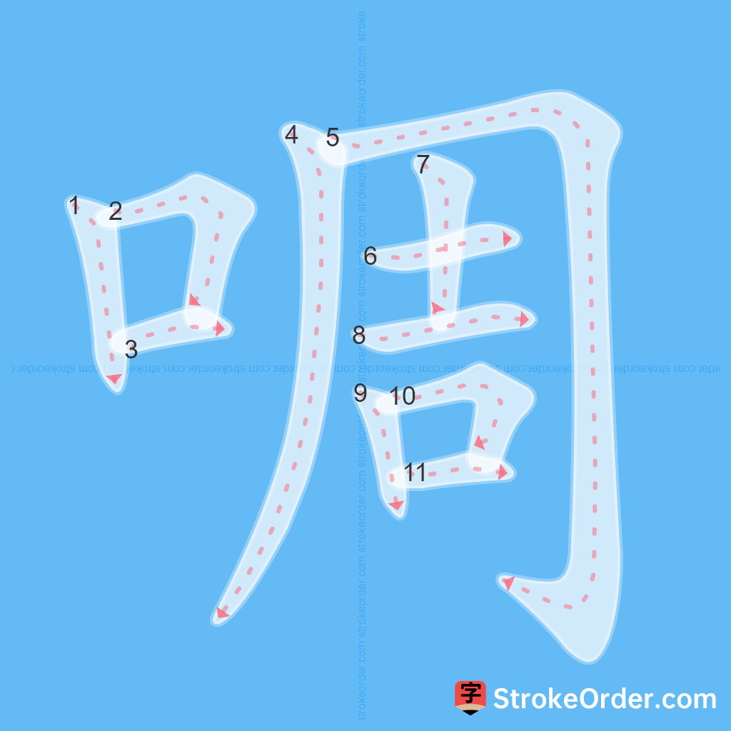 Standard stroke order for the Chinese character 啁