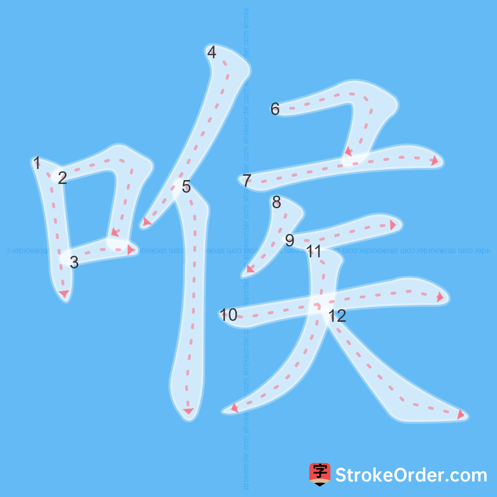 Standard stroke order for the Chinese character 喉