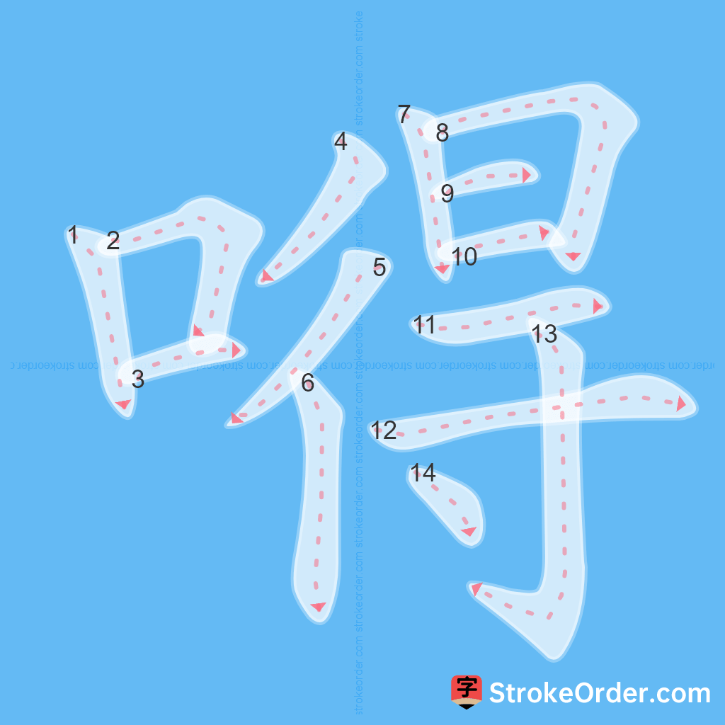 Standard stroke order for the Chinese character 嘚