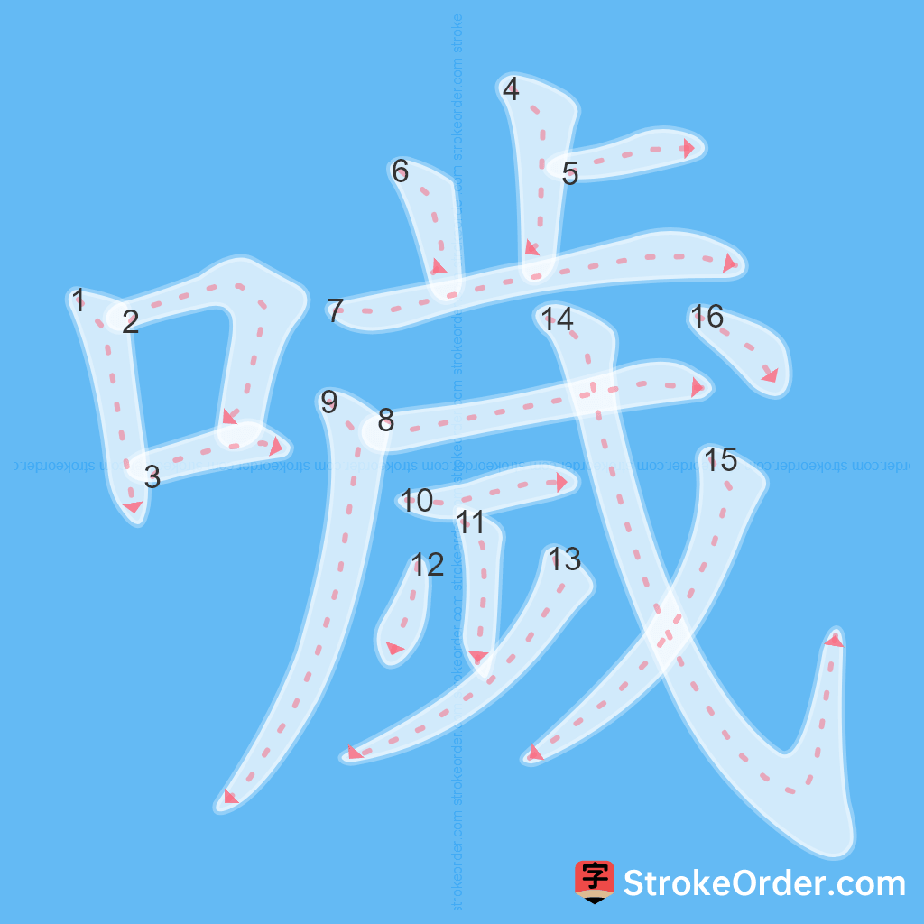 Standard stroke order for the Chinese character 噦