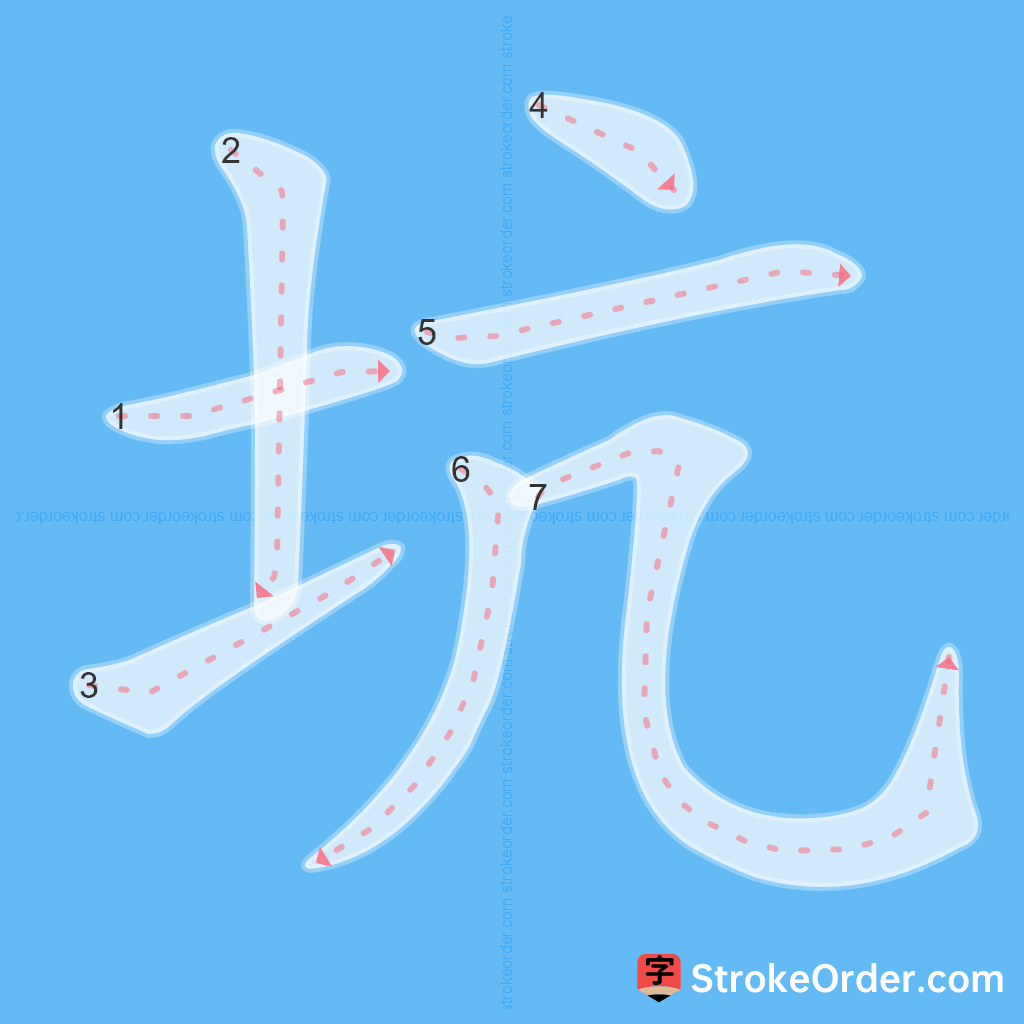 Standard stroke order for the Chinese character 坑