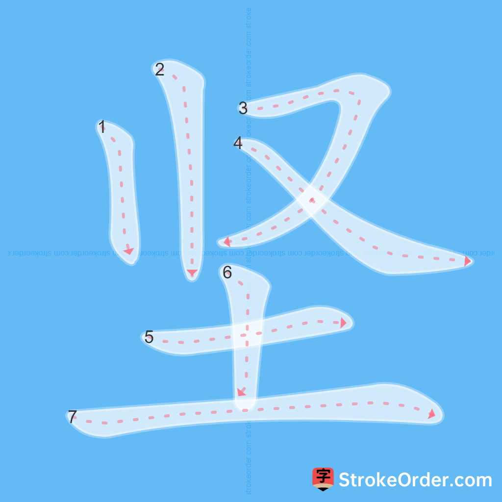 Standard stroke order for the Chinese character 坚