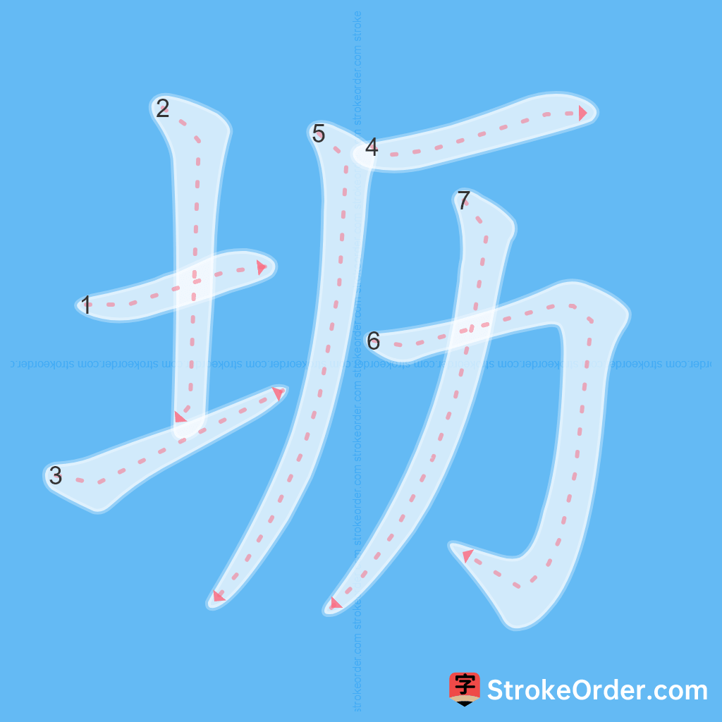 Standard stroke order for the Chinese character 坜