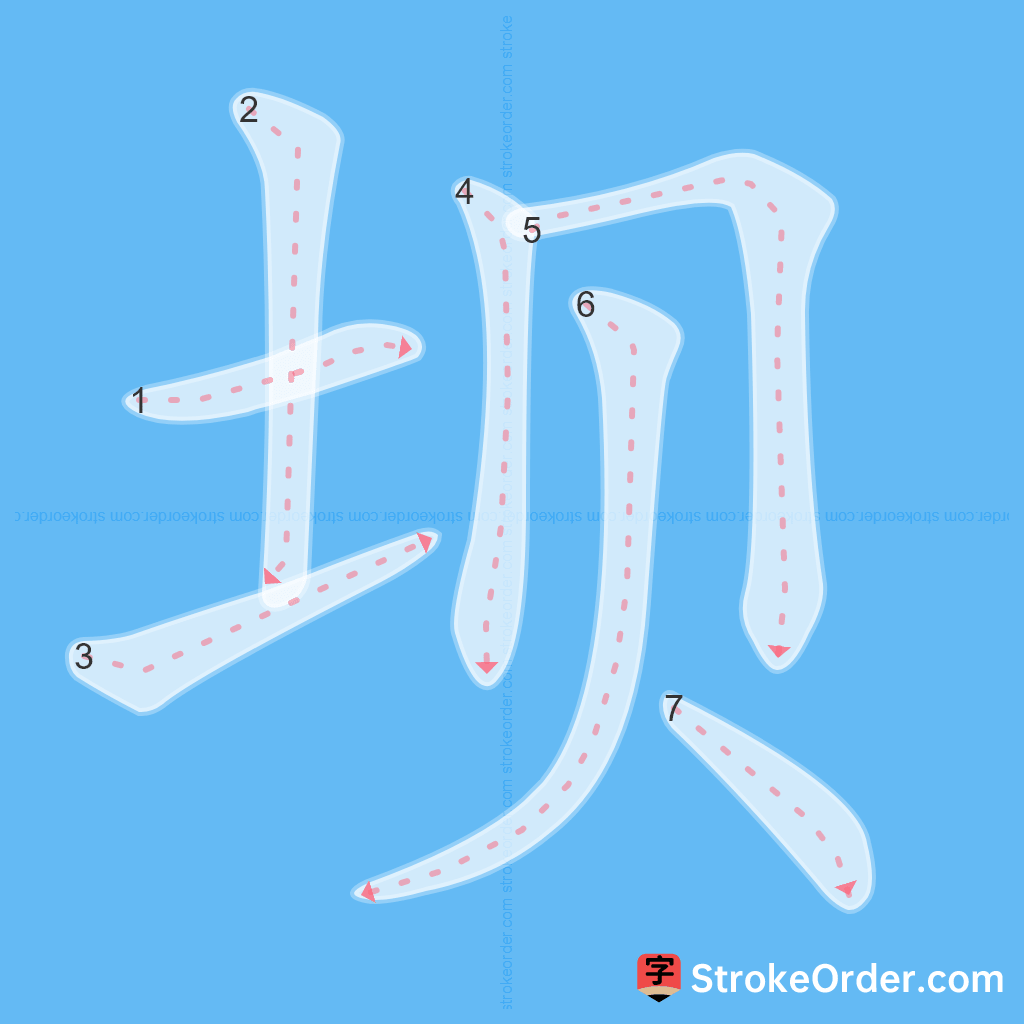 Standard stroke order for the Chinese character 坝