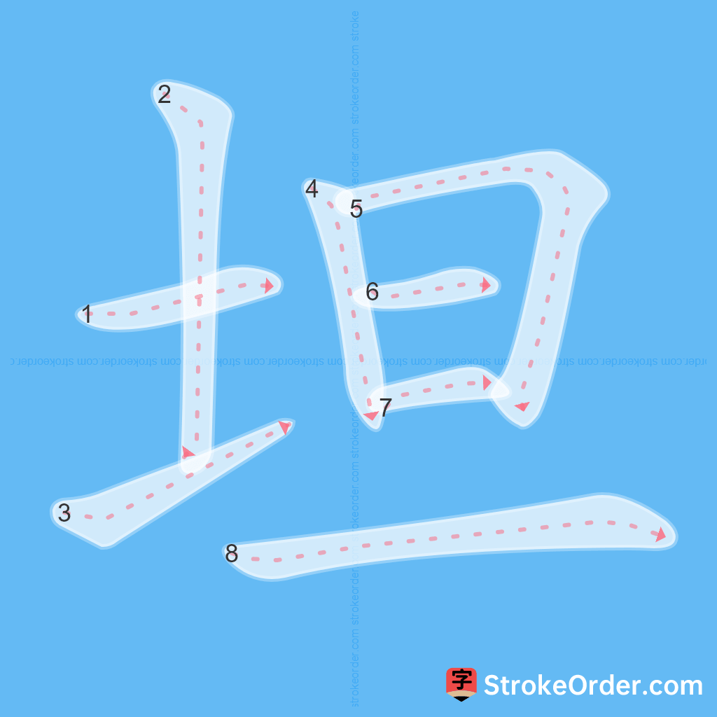 Standard stroke order for the Chinese character 坦