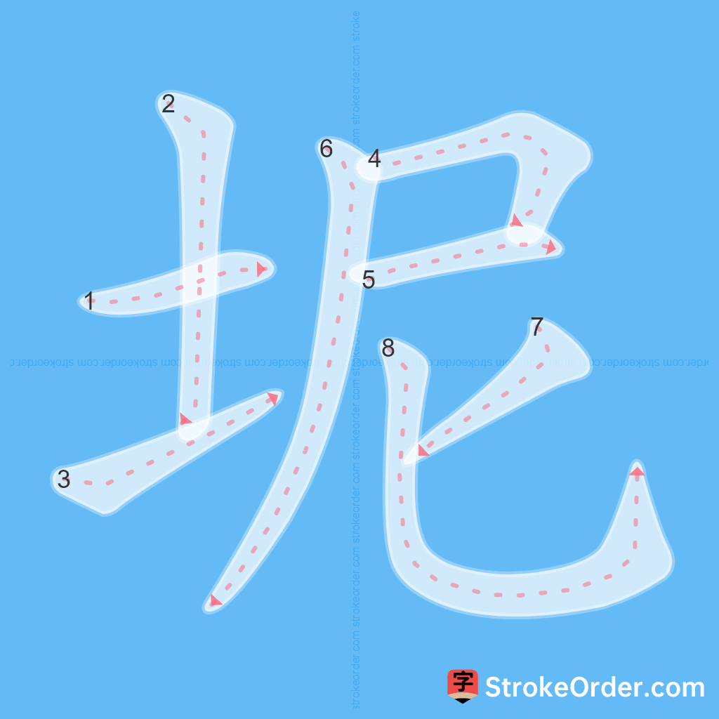 Standard stroke order for the Chinese character 坭