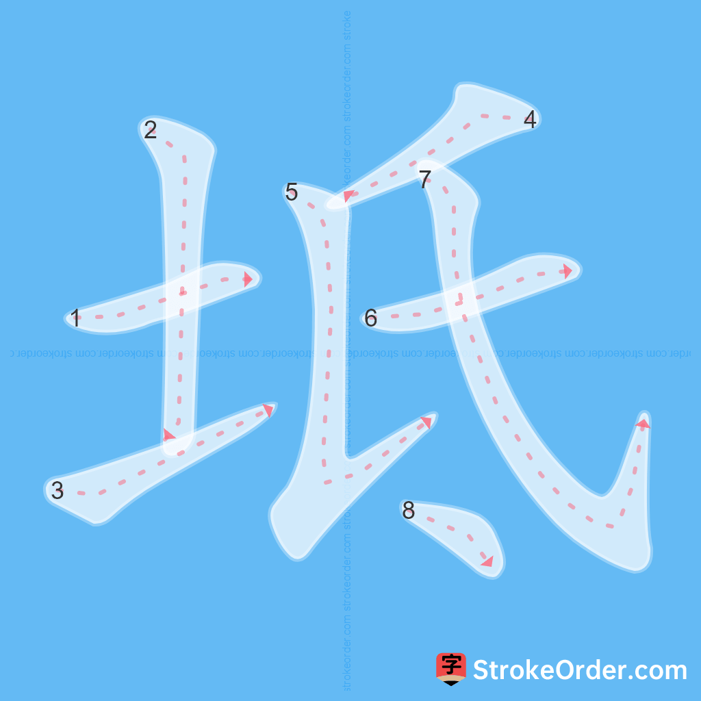 Standard stroke order for the Chinese character 坻