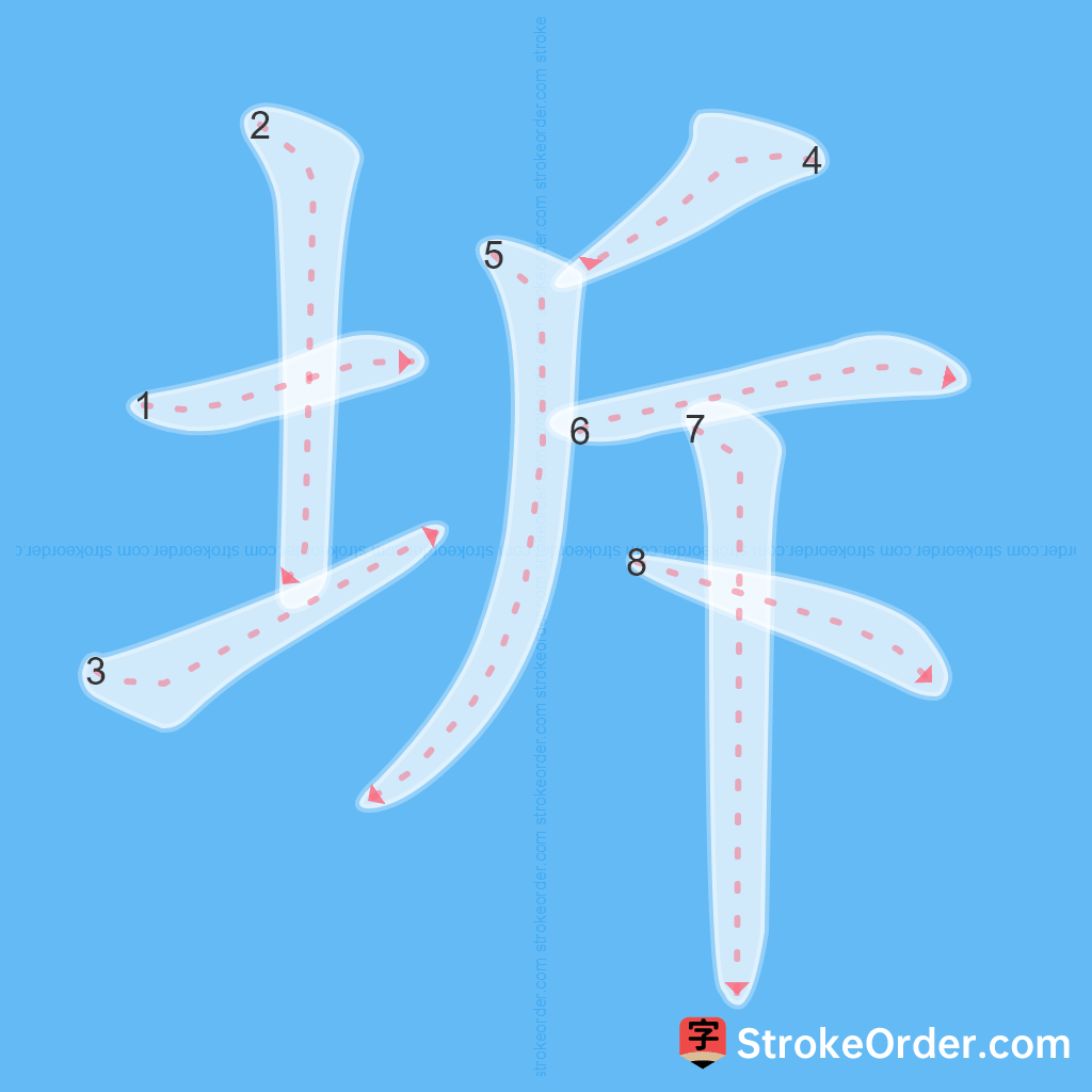 Standard stroke order for the Chinese character 坼
