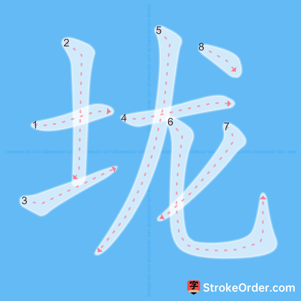 Standard stroke order for the Chinese character 垅