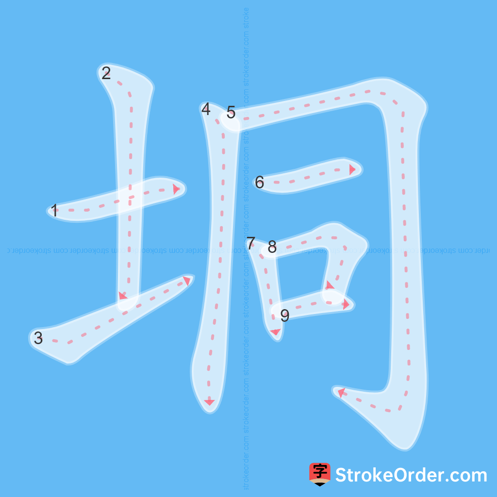 Standard stroke order for the Chinese character 垌