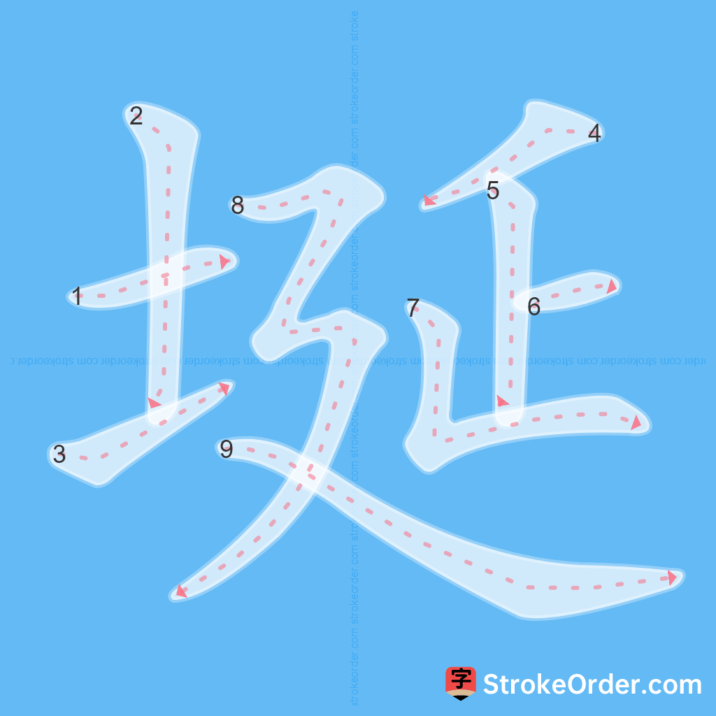 Standard stroke order for the Chinese character 埏