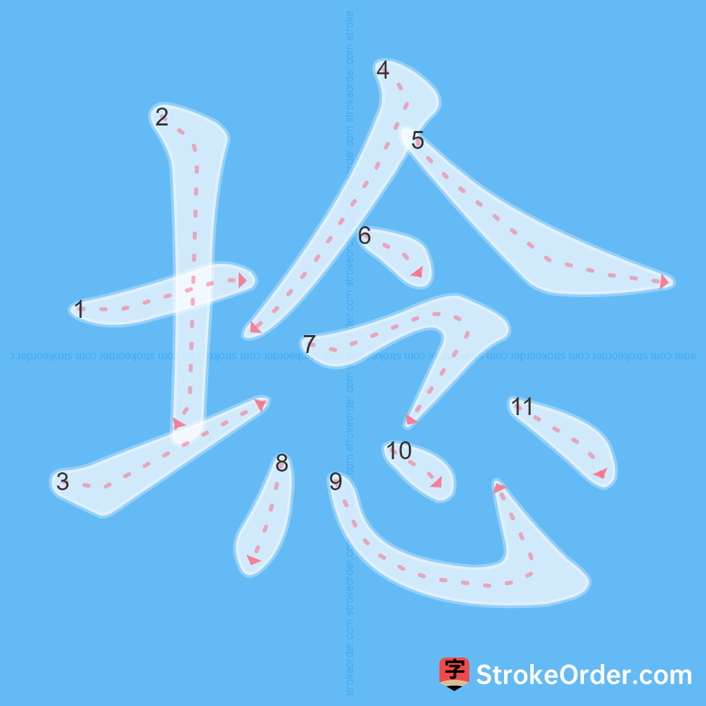 Standard stroke order for the Chinese character 埝