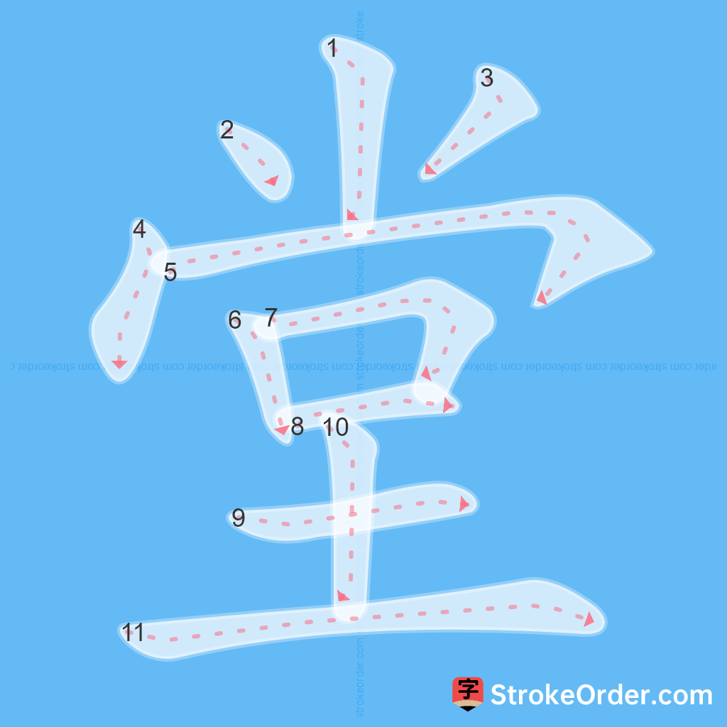 Standard stroke order for the Chinese character 堂