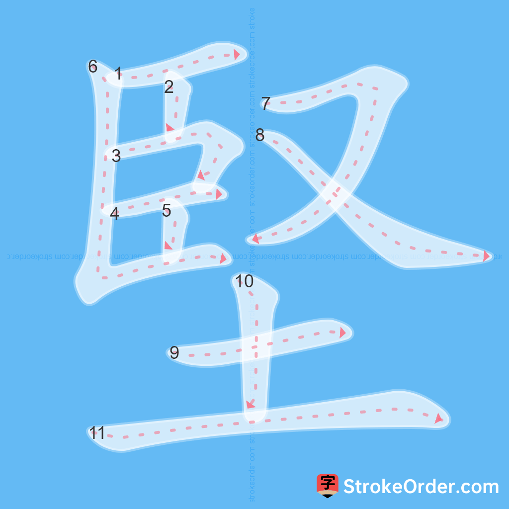 Standard stroke order for the Chinese character 堅