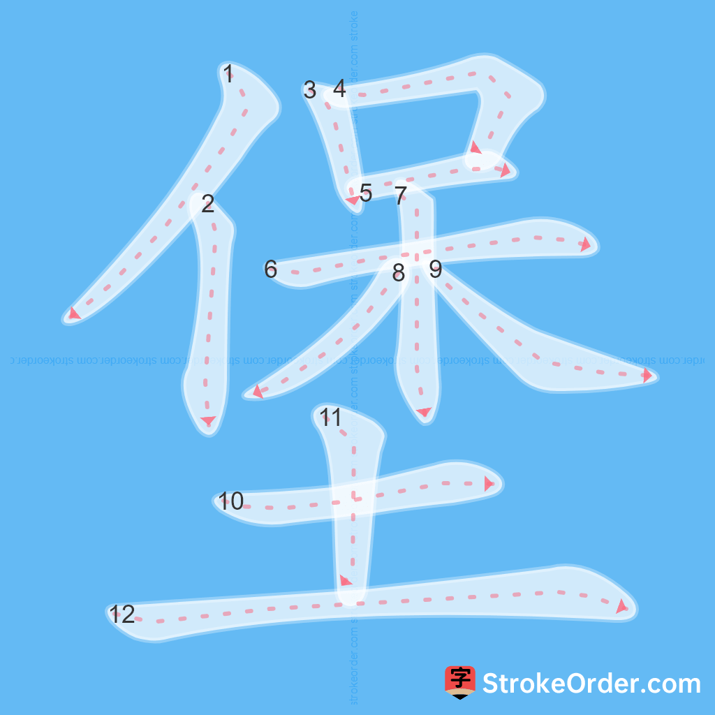 Standard stroke order for the Chinese character 堡
