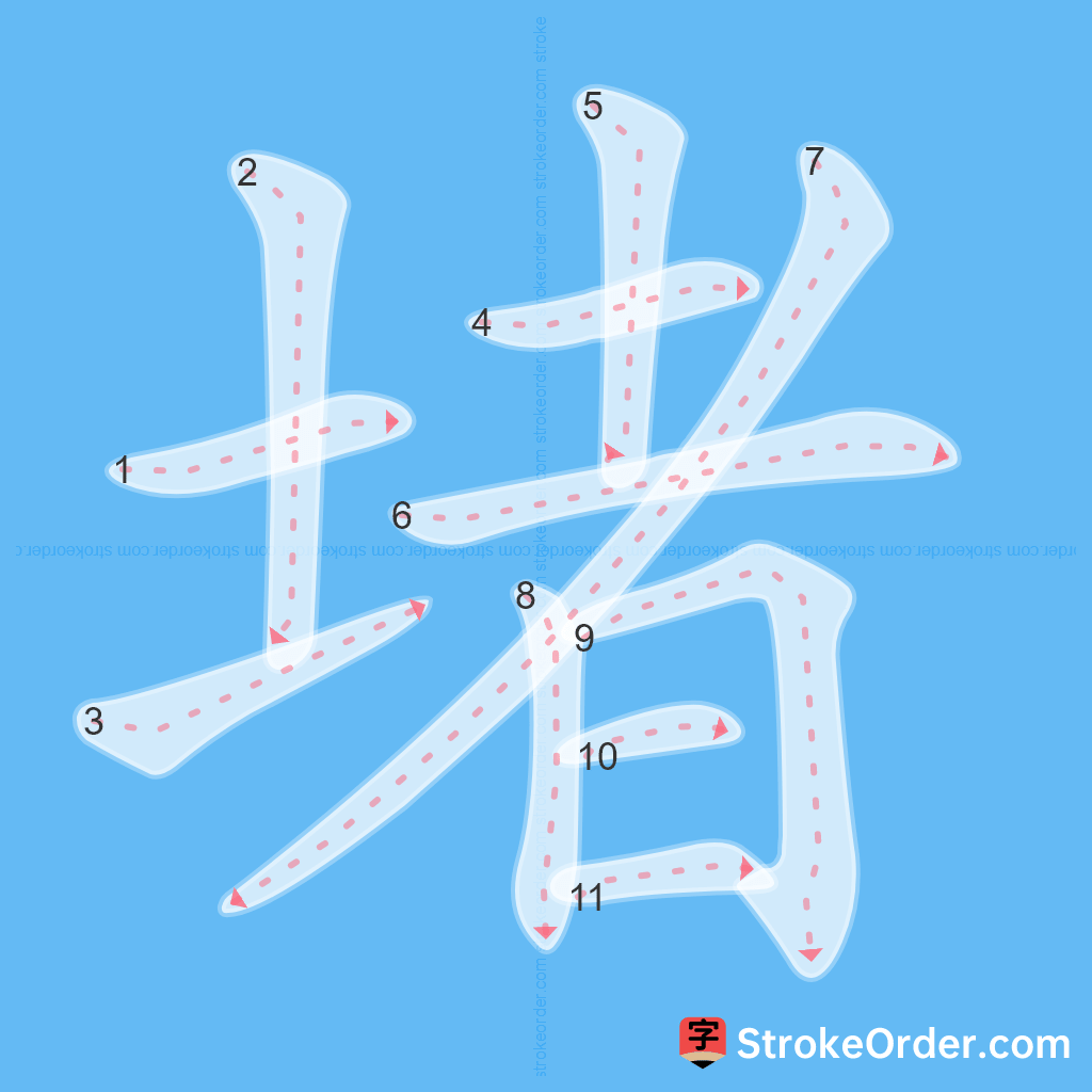 Standard stroke order for the Chinese character 堵