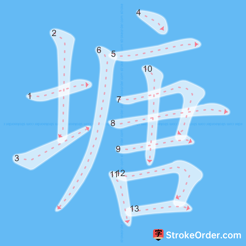 Standard stroke order for the Chinese character 塘