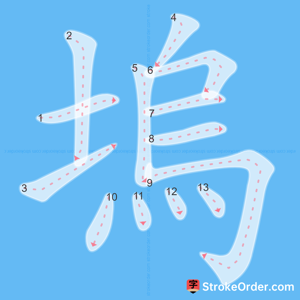Standard stroke order for the Chinese character 塢
