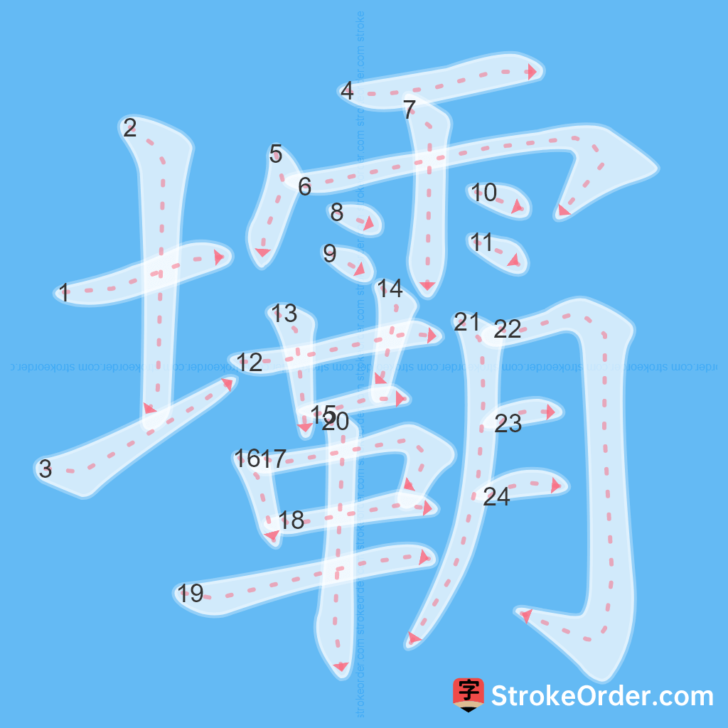 Standard stroke order for the Chinese character 壩