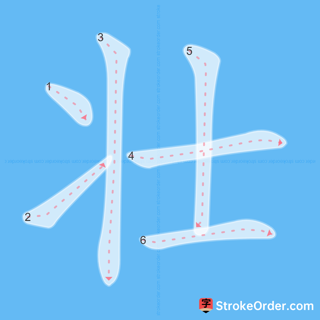 Standard stroke order for the Chinese character 壮