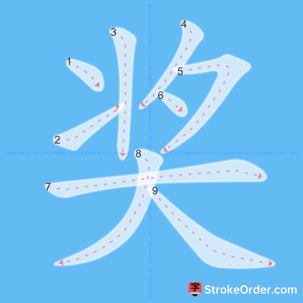 Standard stroke order for the Chinese character 奖